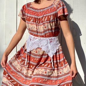 Vintage 1970s Peach, burgundy &blue Owl Slipdress.